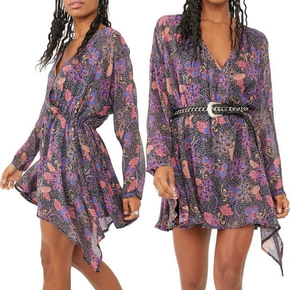 Free People Teegan Long Sleeve Floral Mini Dress Twilight Combo Medium - Picture 1 of 8